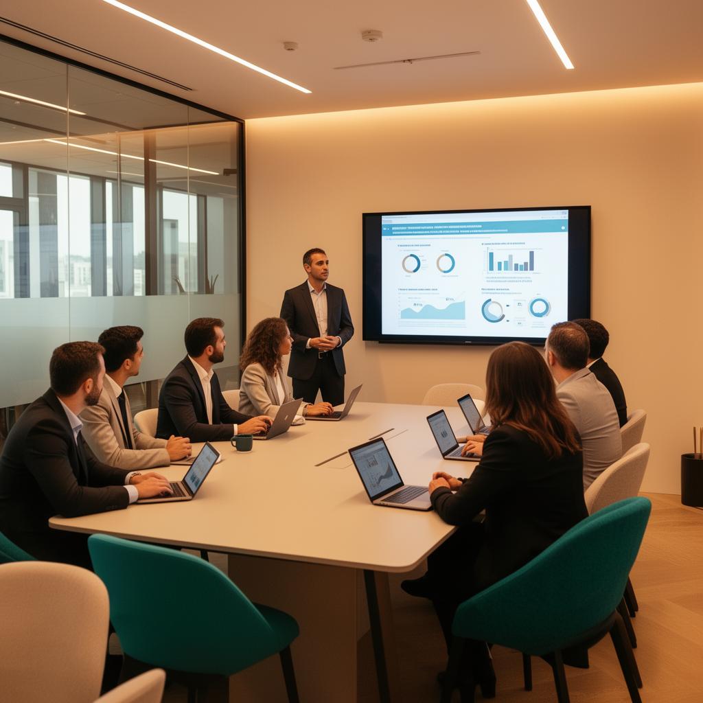 Equipa profissional a colaborar no escritório
