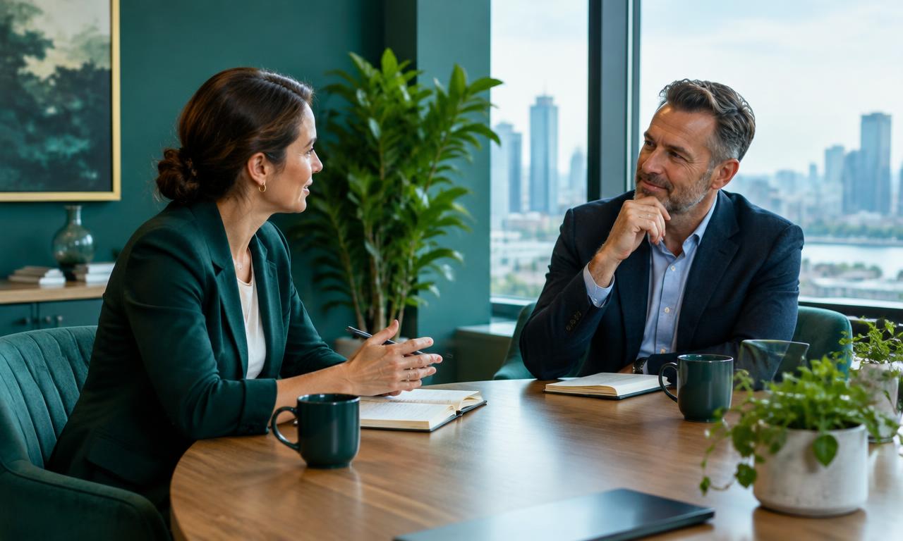 Sessão de coaching individual entre um coach e um líder empresarial