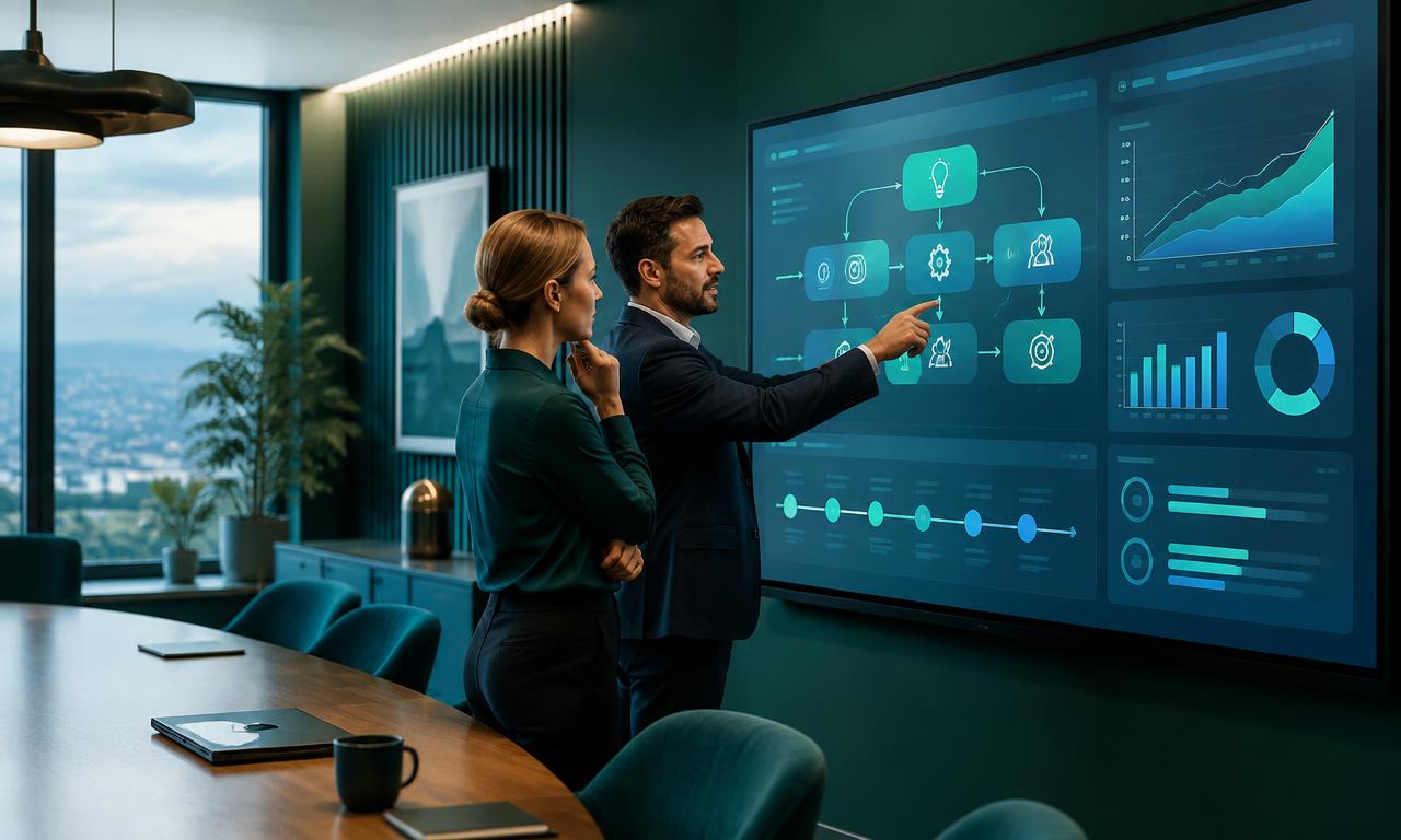 Consultor e cliente a analisar um roteiro de estratégia digital num grande ecrã