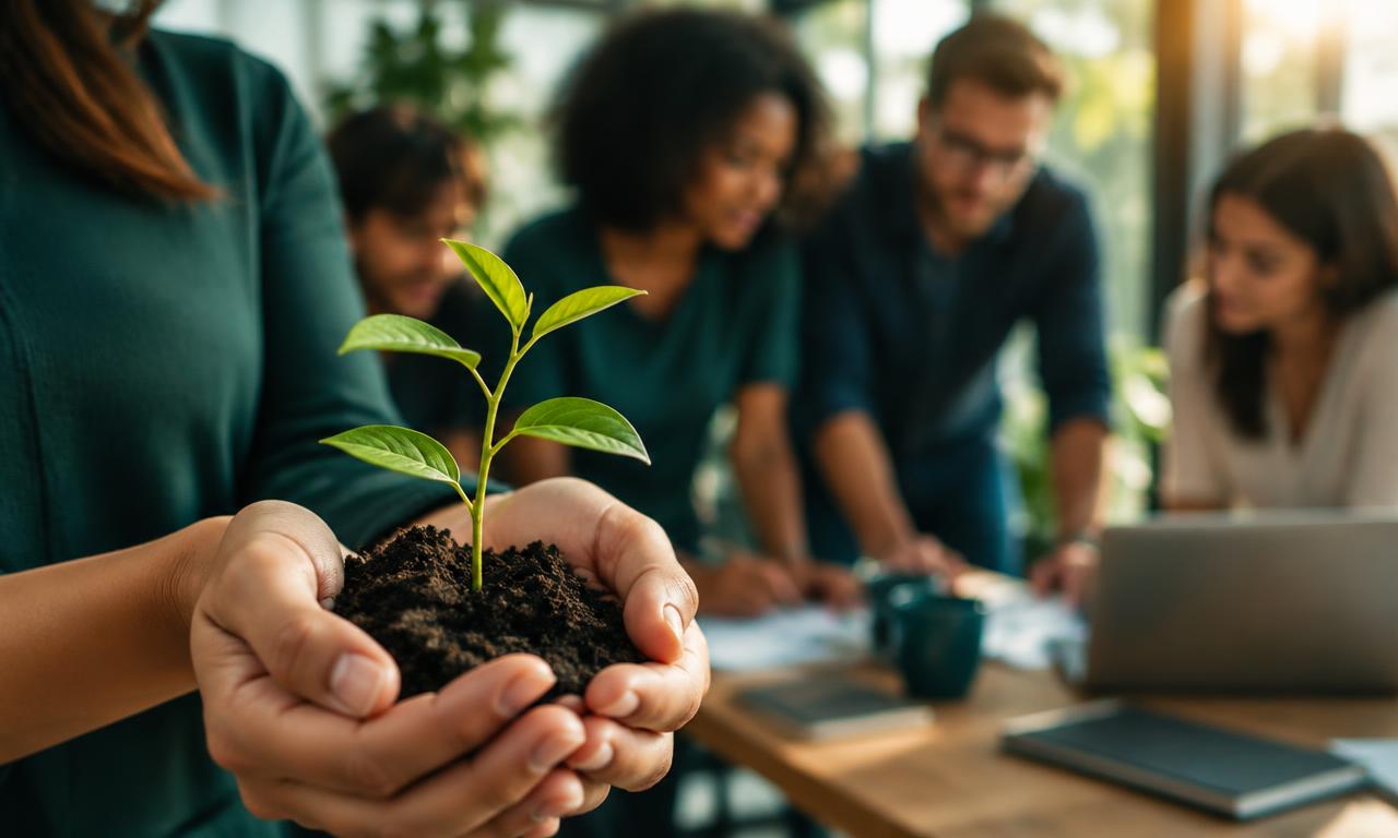 Mãos a segurar uma pequena planta, com uma equipa a trabalhar em conjunto ao fundo