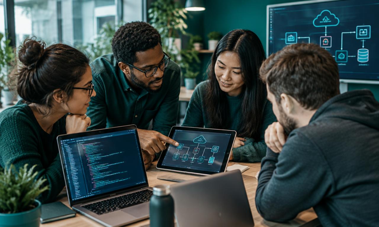 Equipa a aprender novas tecnologias em conjunto, com portáteis e diagramas de arquitetura cloud