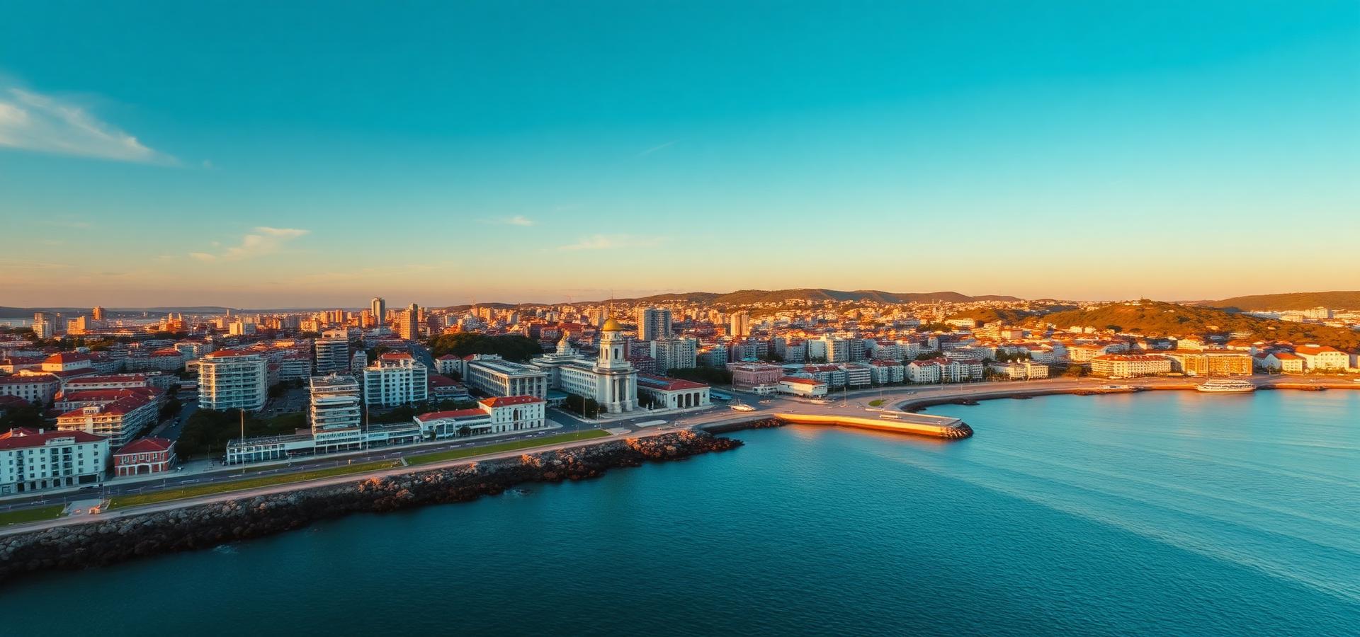 Vista panorâmica de uma cidade costeira ao pôr-do-sol