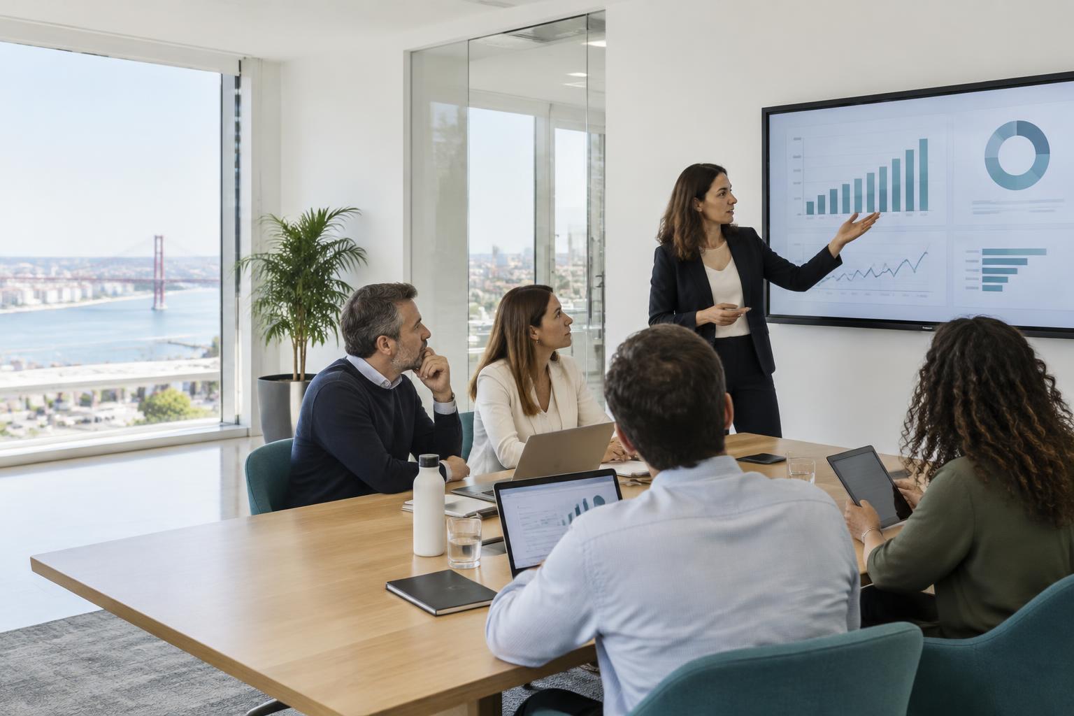 Equipa numa sala de reuniões a acompanhar uma apresentação sobre transformação digital